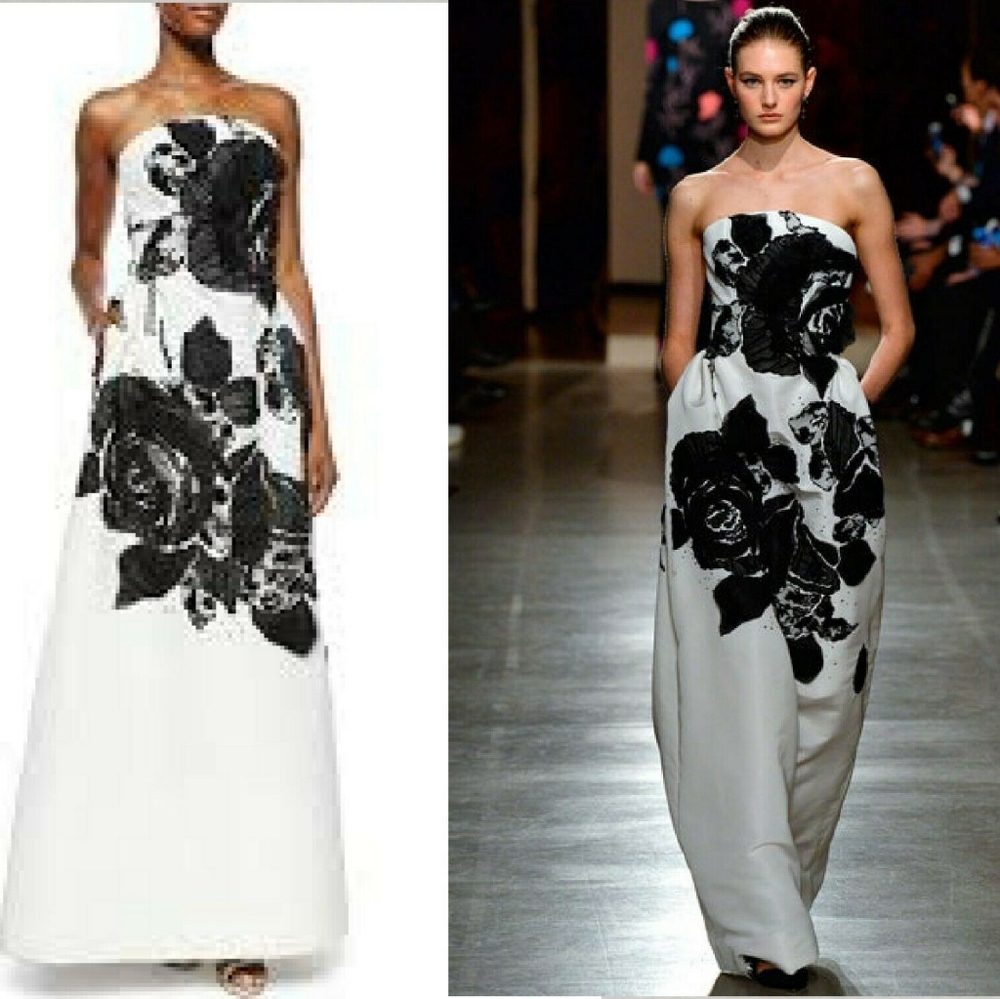 ●*$14,615 OSCAR DE LA RENTA WHITE BLACK BIG FLOWER SILK RUNWAY GOWN US 6 - Picture 2 of 12